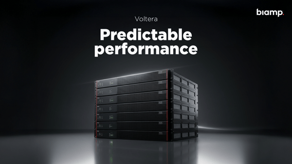 Biamp Voltera amplified loudspeaker controllers stacked in rack configuration